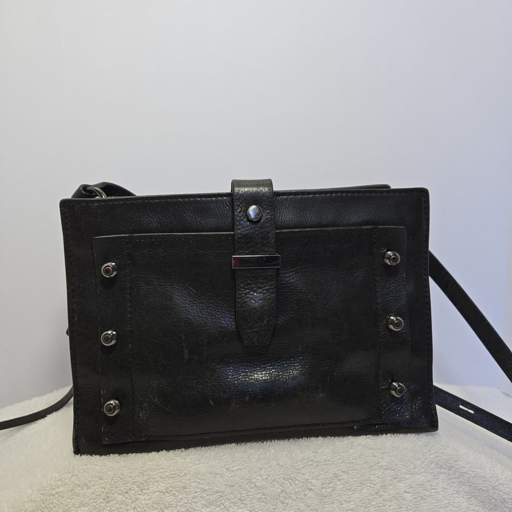 Botkier Black Distressed Leather Warren City Crossbody Purse Bag Metallic